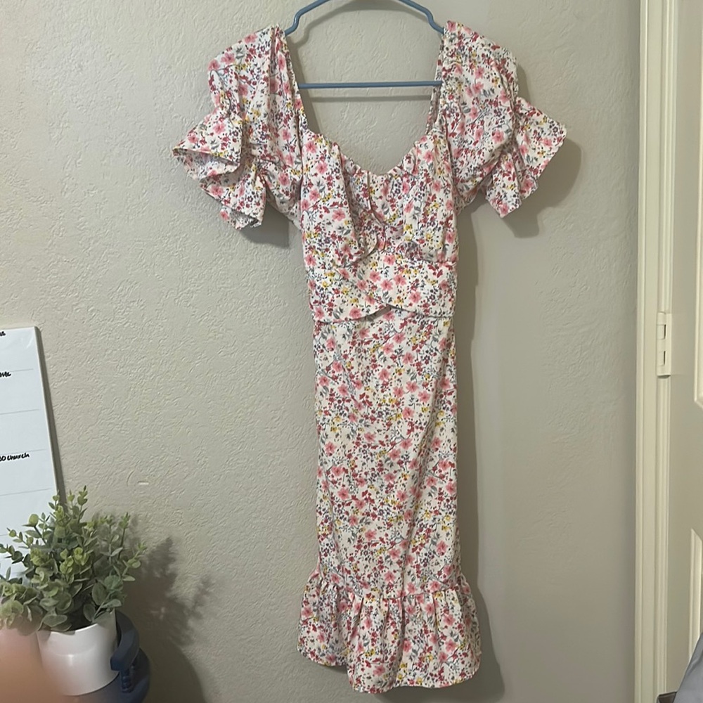 Super cute floral, flower, dress, pink and yellow and cream and purple flowers